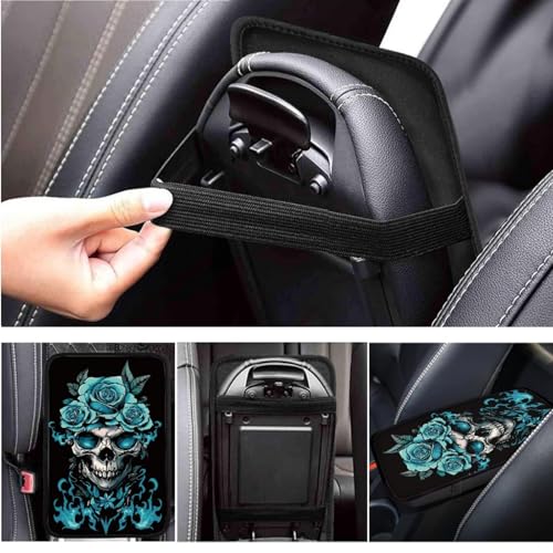 Green Rose Flower Car Accessories 6 Pcs Sets Skull Print Car Steering Wheel Cars Funny Cars Armrest Cover Handbrake Cover Auto Interior Sets - color: green rose skull