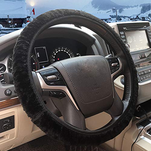 ZHOL Steering Wheel Cover Universal 15 Inch Elastic Plush Soft Steering Wheel Cover for Women Men, Winter Warm, Anti-Slip, Odorless, Black - color: Solid-color Black