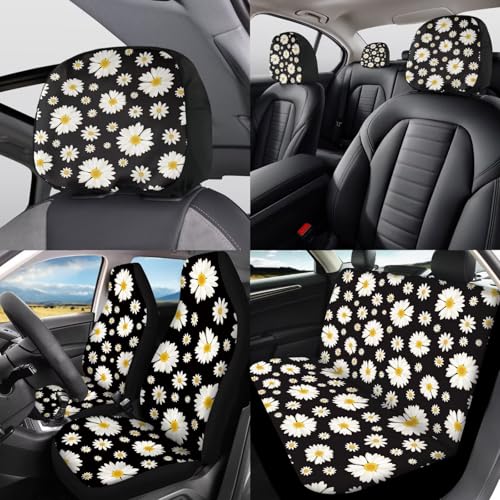 Daisy Flower Print Car Seat Covers Full Set 12 Pcs Car Accessories Set for Cars Seat Covers Armrest Cushion Cup Holders Headrest Cover Steering Wheel Cover for Women - color: Black Daisy