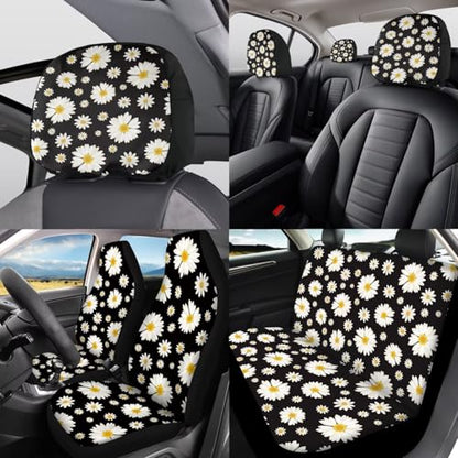 Daisy Flower Print Car Seat Covers Full Set 12 Pcs Car Accessories Set for Cars Seat Covers Armrest Cushion Cup Holders Headrest Cover Steering Wheel Cover for Women - color: Black Daisy