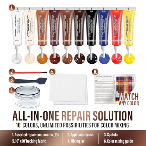 Leather Repair Kit for Furniture, Couch & Car Seats – Match Any Color, Fix Tears, Cracks, Scratches & Holes, Easy Leather & Vinyl Repair