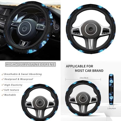 Romantic Blue Rose Print Car Seat Covers Full Set for Men Women 12pcs Steering Wheel Cover Armrest Pad Gear Shift Cover Car Accessories Set for Cars Seat Covers with Headrest Covers - color: Romantic Blue Rose