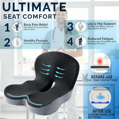 Memory Foam Seat Cushion for Truck Drivers, Office Chairs Ergonomic Seat Cushion for Back, Tailbone Sciatica Pain Relief, Pressure Relief Pad for Long Sitting, Car Seat Desk Chair Use (Gray)
