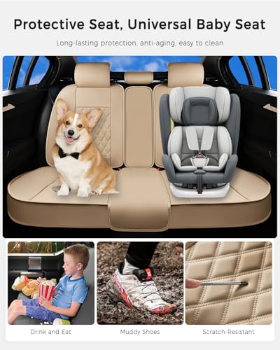 Huidasource Beige Rear Seat Cover, Nappa Leather Back Seat Cover Velcro Adjustable, Compatible with Seat Belts, Child Safety Seats, Fit for Most Cars SUVs Trucks (Back Row/Beige) - color: 01R# Beige01, size: Back Seat Cover