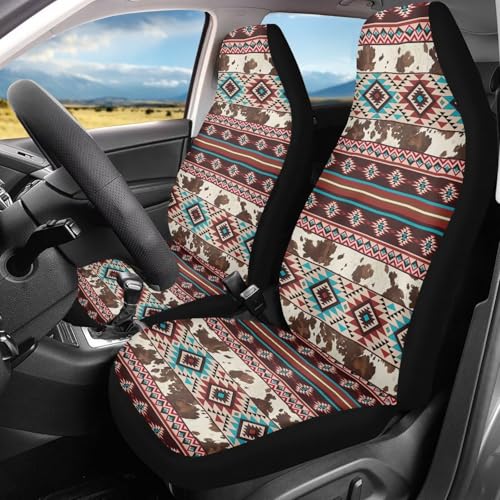 Dreaweet Aztec Car Seat Covers Brown Cow Print Car Accessories Seat Protector Front Seats Only 2 Pcs Southwestern Native Ameircan Tribal Pattern Universal Seat Covers for SUV Trucks Cars - color: Aztec Brown Cow