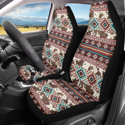 Dreaweet Aztec Car Seat Covers Brown Cow Print Car Accessories Seat Protector Front Seats Only 2 Pcs Southwestern Native Ameircan Tribal Pattern Universal Seat Covers for SUV Trucks Cars - color: Aztec Brown Cow