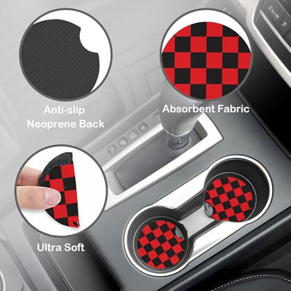Black and Red Checkered Steering Wheel Cover with 2 Pcs Car Coasters Neoprene Steering Wheel Cover for Women Men Anti-Slip Breathable Car Accessories Universal 15 Inch Fit Auto Cars Trucks - color: Black and Red Checkered