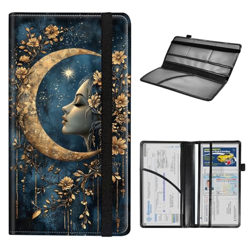 Car Registration and Insurance Holder for Women Men,Automobile License Document Card Holders Vehicle Glove Box Organizer Leather Accessories Driver Essential,Moon Flower Woman - color: Moon Flower Woman