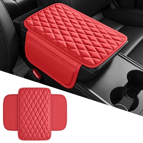 Waterproof Leather Car Center Console Pad with 2 Storage Bags, Auto Armrest Box Cover Protector, Comfortable Interior Accessories for Most Household Cars, Sedans & SUV (Allure Red)