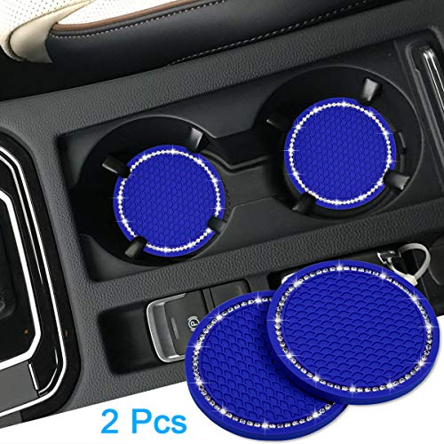 Bling Car Coasters, Wisdompro 2 Pack PVC Car Cup Holder Insert Coaster - Anti Slip Universal Vehicle Interior Accessories Crystal Glitter Cup Mats for Women and Men (2.75" Diameter, Blue) - color: Blue