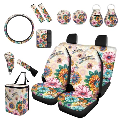 Forchrinse Dragonfly Blossom Car Seat Cover Full Set for Women Hippie Steering Wheel Cover Armrest Shoulder Pads Handbrake Gear Cover Garbage Can,Universal 15pcs Auto Interior Accessories Protector - color: Dragonfly Blossom