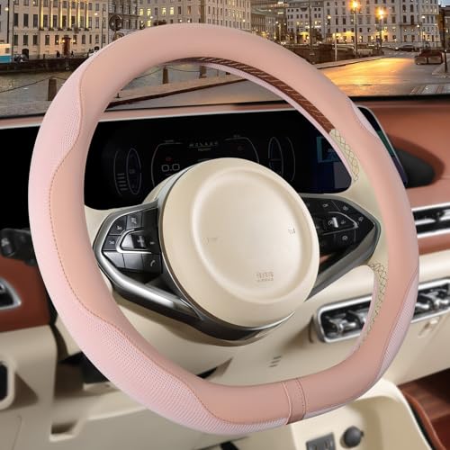 14 inch D Shaped Steering Wheel Cover for Prius Civic, Nappa Microfiber Leather Non-Slip Breathable Fabric, Warm in Winter and Cool in Summer, Pink Small 13.5 inch to 14 inch - color: Pink, size: D Shape-S[13.5''-14'']