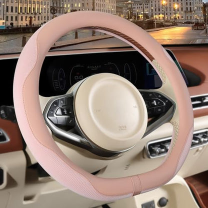 14 inch D Shaped Steering Wheel Cover for Prius Civic, Nappa Microfiber Leather Non-Slip Breathable Fabric, Warm in Winter and Cool in Summer, Pink Small 13.5 inch to 14 inch - color: Pink, size: D Shape-S[13.5''-14'']