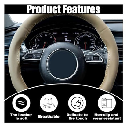 Car Genuine Leather Steering Wheel Cover, DIY Sewing with Needle and Thread, Breathable, and Anti-Slip, Universal 15 Inch Car Steering Wheel Stitching Wrap (Beige, Glossy) - color: Beige, size: 15 inches - Glossy
