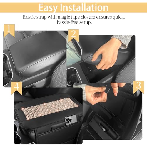 NBTEPEM Bling Car Armrest Cover, Universal Microfiber Leather Center Console Cover with 2 Pockets, Rhinestone Car Armrest Cushion, Bling Accessories Interior for Most Vehicles (Champagne Diamond) - color: Champagne Diamond