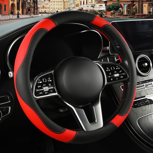 Microfibre Leather Auto Car Steering Wheel Cover,Anti Slip 15 Inch,Black and Red - color: Black Red, size: Round-Middle[14.5''-15'']