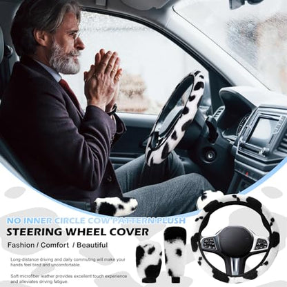 SuperKaKa 3PCS Furry Cow Print Steering Wheel Cover,Auto Plush Cute Cows Shift Gear & Hand Brake Covers Soft Warm Universal Car Interior Accessories for Women Men(Black) - color: Black