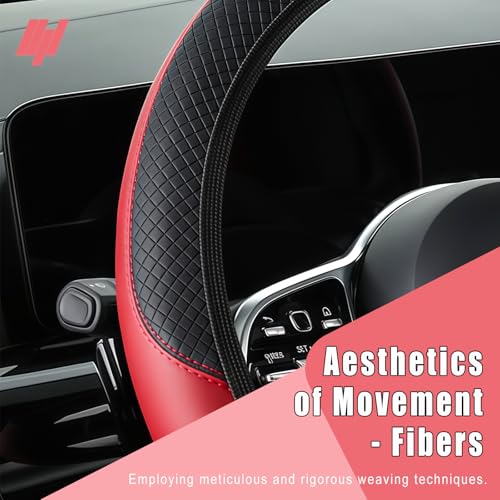 Leather Car Steering Wheel Cover, 15 Inch Anti-Slip Carbon Fiber Black Steering Wheel Cover, Universal Car Interior Accessories for Trucks Sedans SUVs (AD-Black & Red) - color: AD-Black & Red