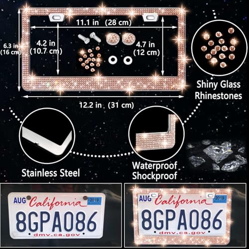 NBTEPEM 27 PCs Gold Champagne Bling Car Accessories Set for Women, Steering Wheel Covers Universal Fit 15 Inch, Bling License Plate Frame, Bling Phone Holder, Bling Car Coasters - color: Gold Champagne