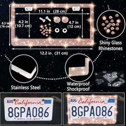 NBTEPEM 27 PCs Gold Champagne Bling Car Accessories Set for Women, Steering Wheel Covers Universal Fit 15 Inch, Bling License Plate Frame, Bling Phone Holder, Bling Car Coasters - color: Gold Champagne