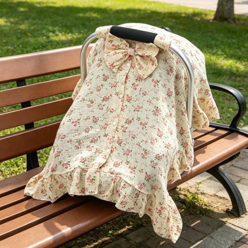 Muslin Baby Car Seat Cover, Handmade Infant Car Seat Cover with Cute Bow & Ruffle Hem Design, Multi-Use Carseat Canopy for Privacy Nursing, Summer Baby Carrier Cover Stroller Sun Protector - color: Flower