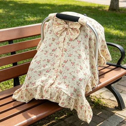 Muslin Baby Car Seat Cover, Handmade Infant Car Seat Cover with Cute Bow & Ruffle Hem Design, Multi-Use Carseat Canopy for Privacy Nursing, Summer Baby Carrier Cover Stroller Sun Protector - color: Flower