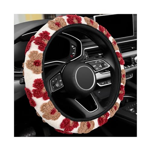 Plush Flowers Steering Wheel Cover, 15 inch Anti-Slip Breathable Steering Wheel Protector Cute Floral Decor, Elastic Soft Wheel Cover Universal Fit for Most Vehicles (Wine Red) - color: Wine Red