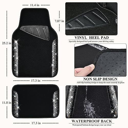 CAR PASS Bling Car Mats Shining Diamond Carpet Crystal Rhinestone Sparkly Glitter Floor Mats with Anti-Slip PVC Pad Universal Fit Automotive SUV,Sedan,Van,4pcs for Girl Women, Black Sliver Diamond - color: AB Silver