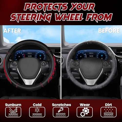 Ventilated Heart-Shaped Steering Wheel Cover with Anti-Slip Leather Grip. Compatible with Ford, Toyota, Honda, Nissan, and Chevrolet Vehicles for 14.5-15.2 inch Round Steering Wheels. - color: Love Red