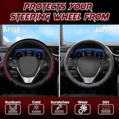 Ventilated Heart-Shaped Steering Wheel Cover with Anti-Slip Leather Grip. Compatible with Ford, Toyota, Honda, Nissan, and Chevrolet Vehicles for 14.5-15.2 inch Round Steering Wheels. - color: Love Red