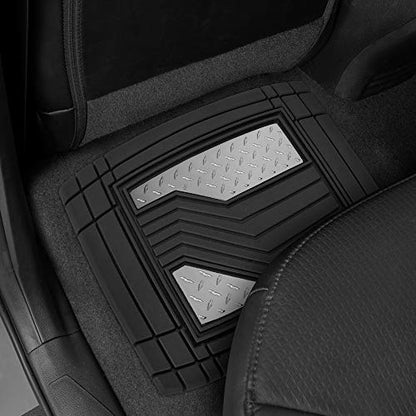 BDK Cat® Heavy Duty Rubber Floor Mats for Car SUV Truck & Van-All Weather Protection, Front & Rear with Heelpad & Anti-Slip Nibs Backing, Universal Trim-to-Fit - color: Black/Chrome, style: DiamondShield Metallic