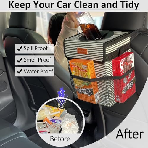 ELONGRIVER Car Trash Can for Car with Lid, Car Organizer Can Trash Bag Hanging Leak Proof Vehicle Trash Can (Stripe Print, 2 Gallons) - color: Stripe Print, size: 2 Gallons