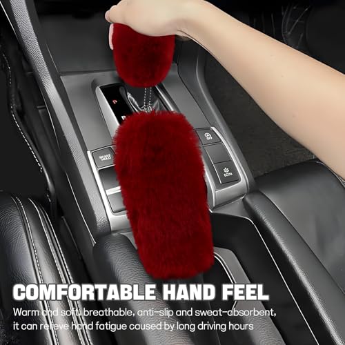 Hovom 2PCS Fluffy Car Gear Shift Knob Cover & Handbrake Cover, Soft Plush Hand Brake Handle & Gear Shift Cover for Women Girls, Universal Comfortable Warm Furry Car Accessories (Wine Red)