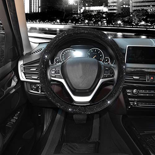 Steering Wheel Cover for Women Men Bling Bling Crystal Diamond Sparkling Car SUV Wheel Protector Universal Fit 15 Inch (Black with Black Diamond, Standard Size(14" 1/2-15" 1/4))