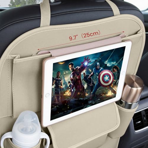 Car Seat Organizers Waterproof Backseat Protector with Storage Pocket Large Leather Kick Mats for Kids Pets Automobile SUV Truck (Beige, Large Pocket) - color: Beige