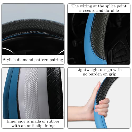 Black & Blue Car Steering Wheel Cover, Microfiber, Leather Patchwork, Universal 14.5-15 Inch Leather Anti-Slip Breathable Auto Steering Wheel Covers for Men Women - color: Black & Blue