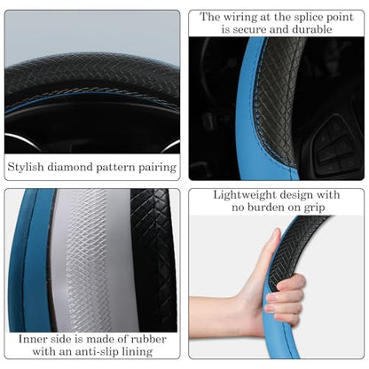 Black & Blue Car Steering Wheel Cover, Microfiber, Leather Patchwork, Universal 14.5-15 Inch Leather Anti-Slip Breathable Auto Steering Wheel Covers for Men Women - color: Black & Blue