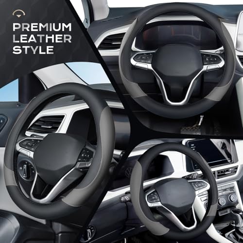 Coverado Car Steering Wheel Cover, Nappa Leather Black & Gray Steering Wheel Covers, Universal 14-15 inch, Anti-Slip, Breathable Steering Wheel Protector for Women Men - color: B-BlackGray