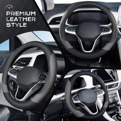 Coverado Car Steering Wheel Cover, Nappa Leather Black & Gray Steering Wheel Covers, Universal 14-15 inch, Anti-Slip, Breathable Steering Wheel Protector for Women Men - color: B-BlackGray