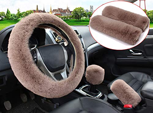 Pinbola 5pcs in 1 Set Faux Wool Steering Wheel Cover Soft Fluffy Handbrake Cover & Gear Shift Cover & 2pcs Seat Belt Shoulder Pads Warm Universal Fit for 15 Inch (Tan) - color: Tan