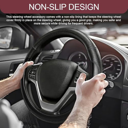 Car Steering Wheel Cover, Durable Leather Cover with Anti-Slip Lining, Microfiber PU Leather Elastic Steering Wheel Protector, Comfortable Non-Slip Steering Wheel Covers for Autos (Black) - color: Black