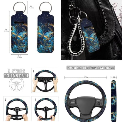 11Pcs Butterfly Car Accessory Interior Full Sets Blue Moon Butterfly Car Seat Covers Auto Seat Protection with 15Inch Neoprene Steering Wheel Cover Seatbelt Pads Keychain Seatbelt Pad - color: Blue Butterfly