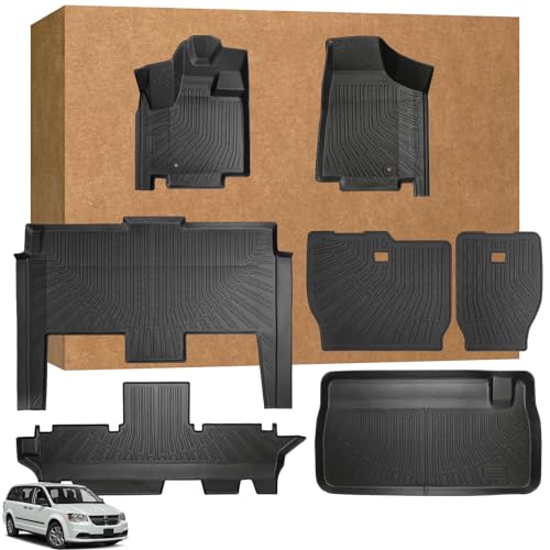 Floor Mats Full Set for Dodge Grand Caravan 2008-2021 & for Chrysler Town & Country 2008-2016(ONLY Stow'n Go), TPE All Weather Protection Custom Fit Floor Liners & Backrest Mat & Cargo Liner