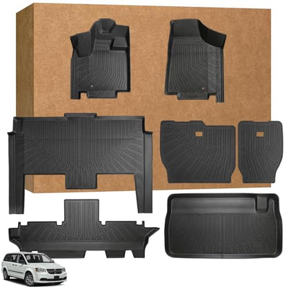 Floor Mats Full Set for Dodge Grand Caravan 2008-2021 & for Chrysler Town & Country 2008-2016(ONLY Stow'n Go), TPE All Weather Protection Custom Fit Floor Liners & Backrest Mat & Cargo Liner