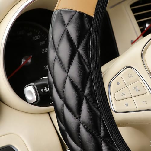 Car Accessories Set, 14.5-15" Leather Vehicle Steering Wheel Cover, Seat Belt Cushion, Gear Shift and Handbrake Cover, Center Console Protector, Universal for Truck SUV Van (Beige) - color: Beige