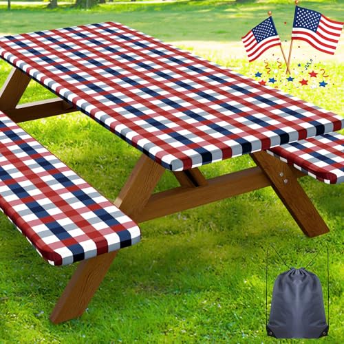Smiry Picnic Table Cover with Bench Covers, Waterproof Elastic Fitted Tablecloths for 5 Foot Rectangle Tables, Washable Buffalo Plaid Tablecloth for Camping, Outdoor (Red & Blue, 30"x60") - color: Red and Blue, size: 30" x 60"