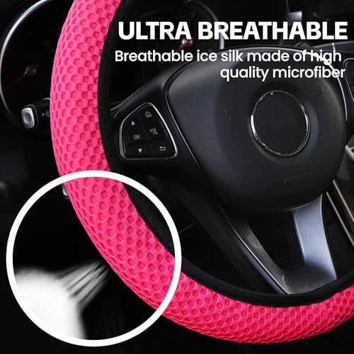 Elastic Stretch Car Steering Wheel Cover, Comfortable Steering Wheel Cover Universal for 14.5-15 Inch, Warm in Winter & Cool in Summer, Anti-Slip Breathable Ice Silk (Rose Red) - color: Rose Red