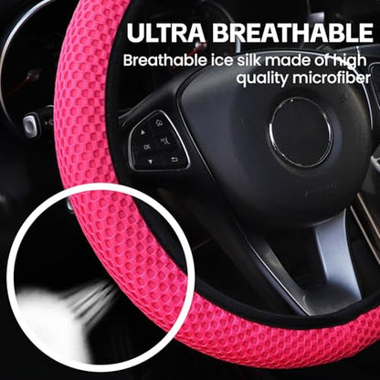 Elastic Stretch Car Steering Wheel Cover, Comfortable Steering Wheel Cover Universal for 14.5-15 Inch, Warm in Winter & Cool in Summer, Anti-Slip Breathable Ice Silk (Rose Red) - color: Rose Red