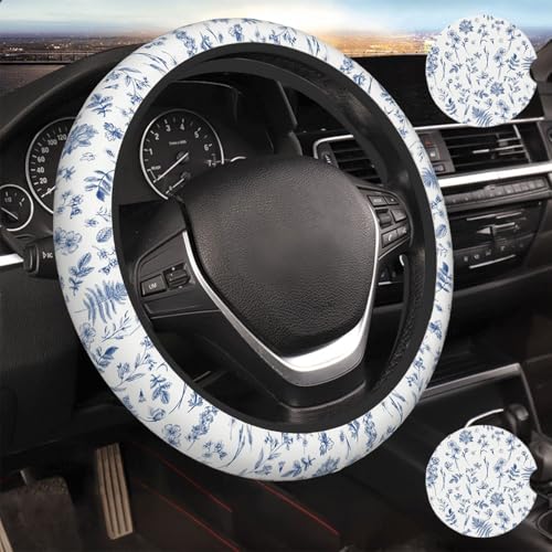 Vintage Blue Flower Steering Wheel Cover Car Decor - color: Vintage Blue Flower