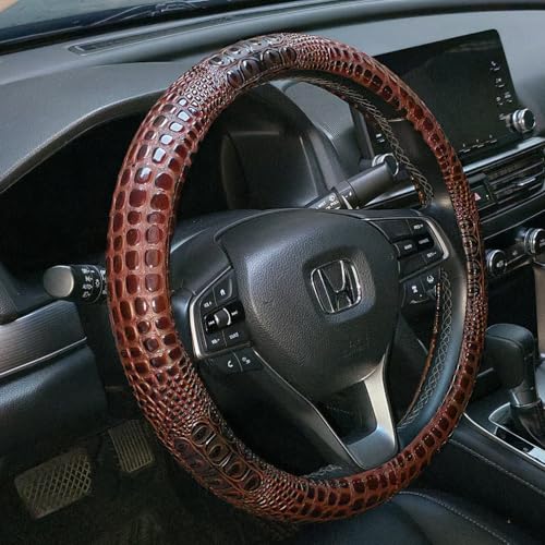 Crocodile Grain Leather Four Seasons Universal Car Steering Wheel Cover Sport Cute Handle Case for Men Auto Interior Accessories, Brown - color: Coffee